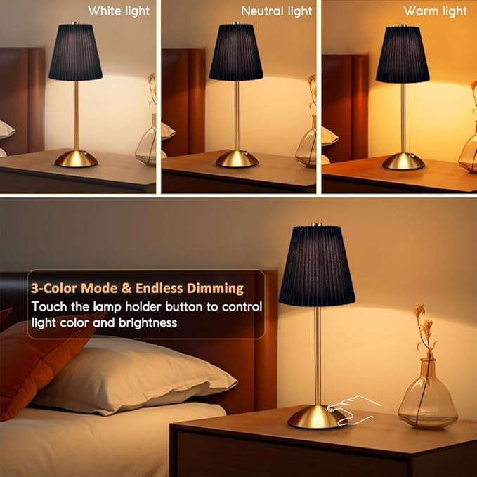 HPUFKOT LED Metal Table Lamp -Fabric Shade Desk Lamp, 3-Color LED Desk Lamp for Bedroom Nightstand,Patio Table Lamp,Night Light for Kids Nursery (Black)
