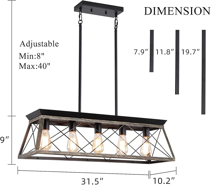 5-Light Pendant Lights Fixture, Farmhouse Chandeliers for Dining Room, Rustic Island Lights for Kitchen, Rectangular Chandelier Rustic Farmhouse Light Fxiture Gold&Black
