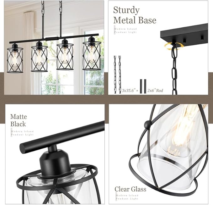 4-Light Kitchen Island Lighting, Modern Black Dining Room Light Fixtures with Clear Glass, Farmhouse Industrial Linear Chandelier Pendant Light with Adjustable Chain, CH9176BK-4IS