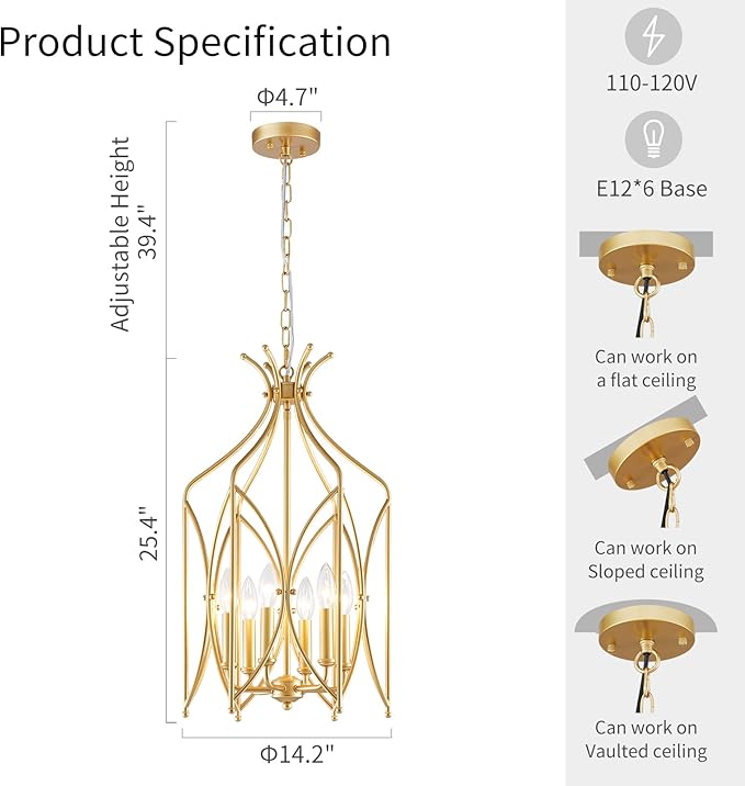 WUZUPS Lantern Pendant Chandelier Rustic Metal Cage Light Modern Lighting Fixture for Kitchen Diningroom Bathroom Livingroom, H 25.4" x W 14.2", E12 Base, Gold
