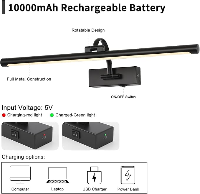 DESOOP Dimmable Black Picture Lights with Remote and Timer Wireless Art Lights Rechargeable Gallery Lighting for Canvas Portrait 24'' Inch 5W Warm White