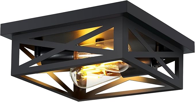 ZHU YAN Farmhouse Ceiling Lights Flush Mount,2-Light Hallway Light Fixtures,Square Black Flush Mount Ceiling Light Fixture for Bedroom Living Room Kitchen Hallway E26
