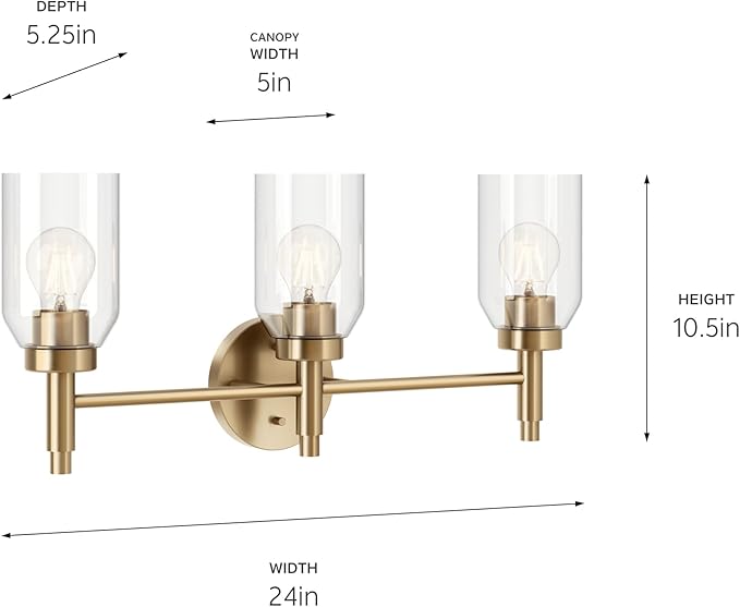 Kichler Madden 3-Light Bathroom Vanity Light Fixture with Clear Glass in Champagne Bronze, Modern Wall Mount Lighting for Single Vanity Mirror (10.5" x 24"), 55185CPZ