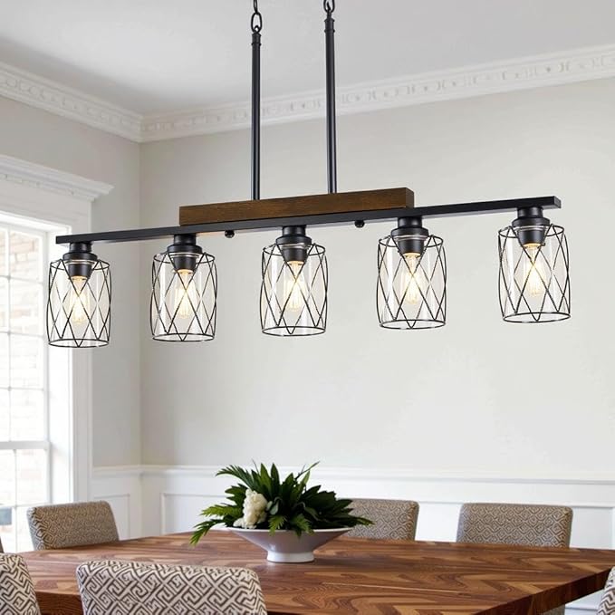 5-Light Dining Room Light Fixture/Chandelier Over Table, Island Lighting Hanging for Farmhouse Linear Chandeliers Matte Black Rustic Wood Ceiling Pendant Light Fixtures, with Clear Glass Shade
