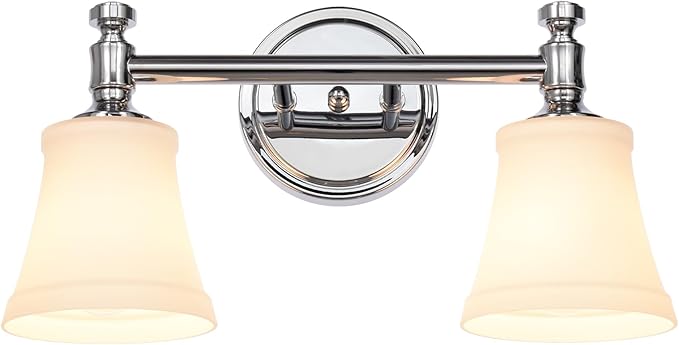 Bathroom Vanity Light Fixtures, Traditional Chrome 2 Lights Wall Sconce Lighting with Opal Glass Shade, Porch Wall Mount Light Fixture for Bathroom, Mirror Cabinets Hallway Stairs