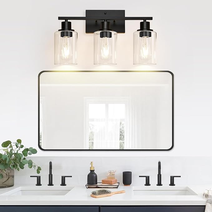 Indoi 3 Light Bathroom Light Fixtures, Matte Black Modern Vanity Lights with Clear Glass Shade, Bathroom Wall Lamp for Mirror Kitchen Living Room Hallway Cabinet Porch