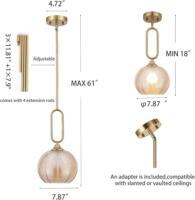 Amber Glass Pendant Light Set of 2 Modern Globe Pendant Lighting Nordic Ribbed Gold Ceiling Hanging Chandelier with Brushed Brass Adjustable Rods Dining Room Kitchen Island Light Fixture