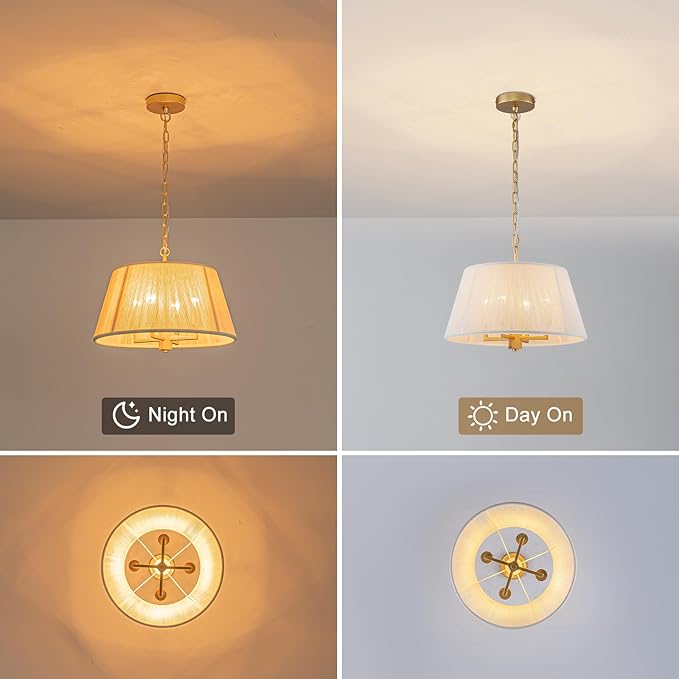 15.75" Gold Drum Pendant Light, 4-Light Rattan Chandelier Large Pendant Light Fixtures for Dining Room Kitchen Island Living Room Foyer Entryway Bedroom, Adjustable Chain