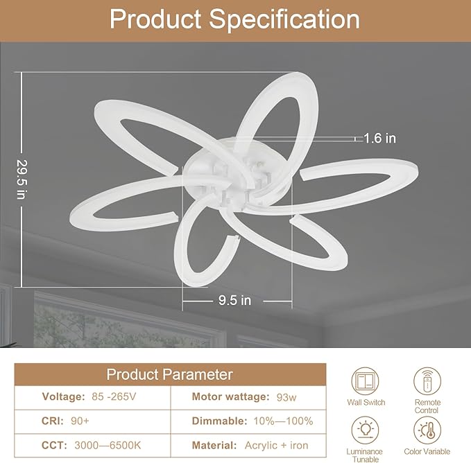 Modern LED Light, 6+1 Rings 93W Dimmable Fixture 29.5" 3000K-6500K Flush Mount White Flower Ceiling Lamp with Remote for Living Room, Bedroom, Kitchen