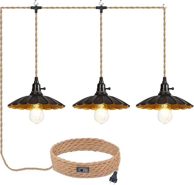3-Light Plug in Pendant Light Fixtures Chandelier with Switch 22FT Industrial Ceiling Hanging Lamp Cord Farmhouse Cable DIY Including DIY Lotus lampshade
