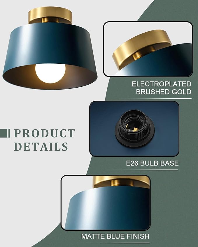Ceiling Light Fixture, Hallway Ceiling Light with Gold Plate and Matte Black Shade, Modern Simple Style Porch Light Fixtures Semi Flush Mount (Blue)