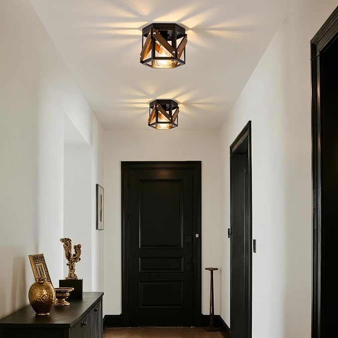 2 Pack Farmhouse Flush Mount Ceiling Light, Rustic Hallway Light Fixtures Ceiling, Vintage Black Lighting Fixtures with Metal and Wood Cage, Small Chandelier for Kitchen Sink Entryway Bathroom