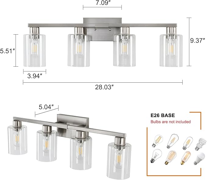 4 Light Bathroom Light Fixtures, Brushed Nickel Bathroom Vanity Light with Clear Glass Shade, Bathroom Lighting Fixtures Over Mirror, Vanity Lights for Bathroom Mirror