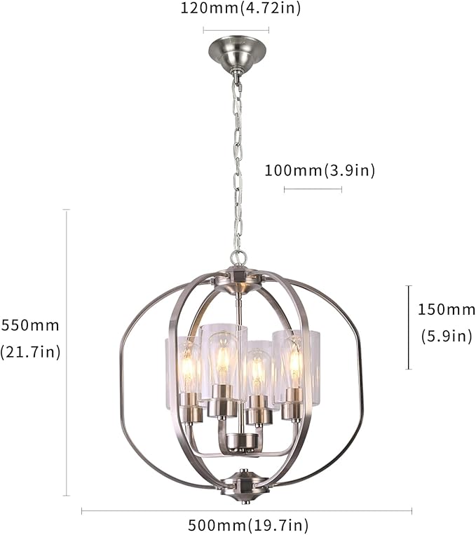BOZO 20'' Globe Chandelier Brushed Nickel, 4-Light Modern Orb Chandelier, Ceiling Hanging Light Fixture with Clear Glass Shade, Pendant Light for Dining Room Entryway Living Room
