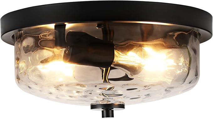 Black Flush Mount Ceiling Light, Farmhouse Hallway Light Fixtures with Water Ripple Glass Shade 2-Light Outdoor Flush Mount Lights for Porch Ceiling, Kitchen, Foyer, Entryway, Dining Room