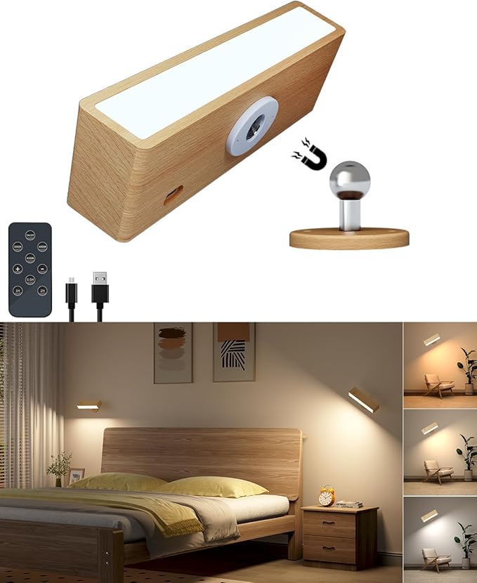 DetarZinLED Wooden Wall Sconce Battery Operated with Remote,Rechargeable Wall Lights for Bedroom with 3 Color Temperature, Magnetic, Stick-On, Dimmable Wall Reading Lights (Beechwood, 1 Pack)