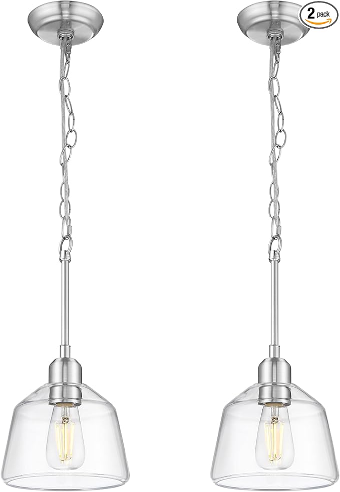 2-Pack Pendant Lights Kitchen Island, 7.5" Hanging Light Fixture with Clear Glass Shade and Adjustable Chain, Farmhouse Kitchen Island Lighting for Dining Room, Brushed Nickel, PL187-BN-2PK