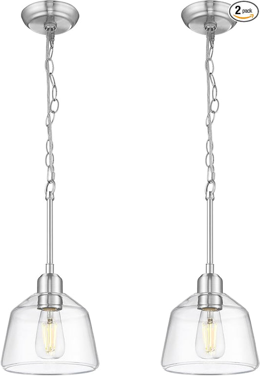 2-Pack Pendant Lights Kitchen Island, 7.5" Hanging Light Fixture with Clear Glass Shade and Adjustable Chain, Farmhouse Kitchen Island Lighting for Dining Room, Brushed Nickel, PL187-BN-2PK