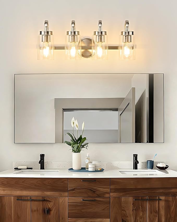 4 Light Bathroom Vanity Light, Brushed Nickel Vanity Lights for Bathroom, Modern Light Fixtures Over Mirror with Clear Glass Shade, Wall Sconce Lighting for Bedroom