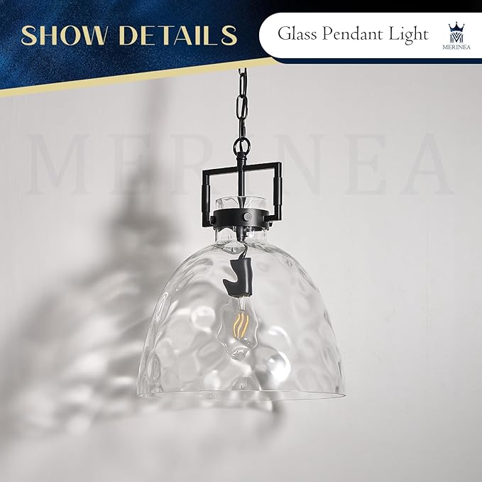 Glass Pendant Light, 13.8 Inch Single Hanging Ceiling Light with Adjustable Chain, E26 Base Oversized Hammered Clear Glass Kitchen Island Pendant Lighting in Matte Black for Dining Room, Entryway