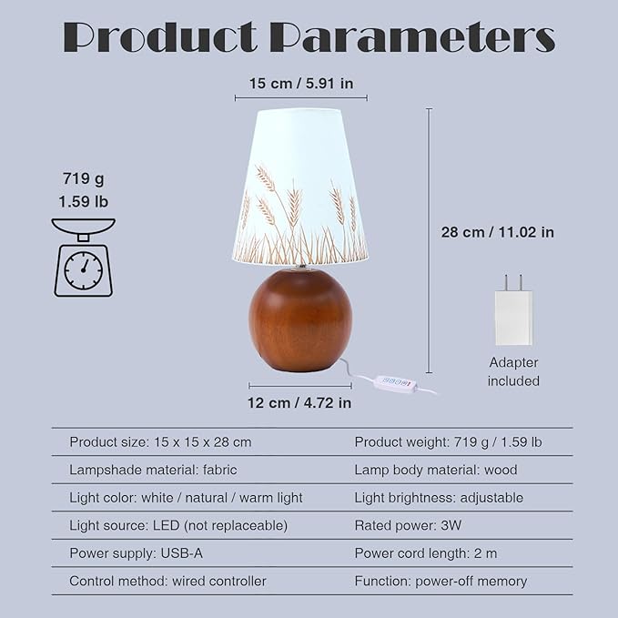 Vintage Wooden Base Fabric Night Lamp, Adjustable Light Color and Brightness with Power-Off Memory, Safe USB Powered, Retro LED Table Light for Bedroom Living Room Office (Wheat)