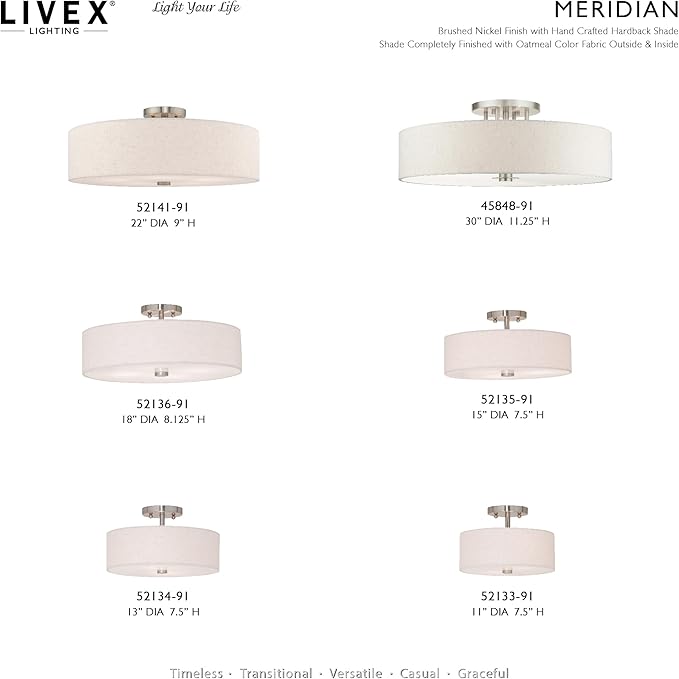 Livex Lighting 52136-91 Meridian Collection 4-Light Semi Flush Mount Ceiling Fixture with Oatmeal Color Fabric Hardback Drum Shade and Satin White Diffuser, Brushed Nickel
