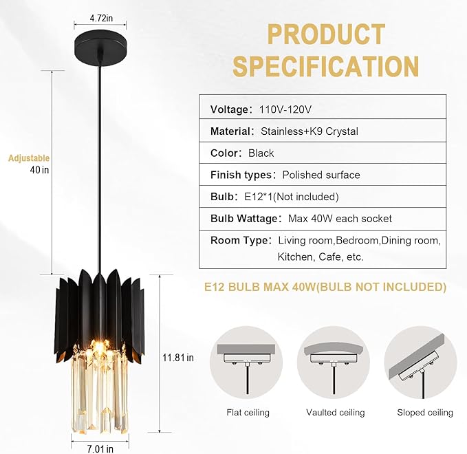 1-Light Modern Semi Flush Mount Ceiling Pendant Light Fixture, Round Pendant Lights Kitchen Island, Black Crystal Chandelier for Living Room Bedroom Hallway Entryway