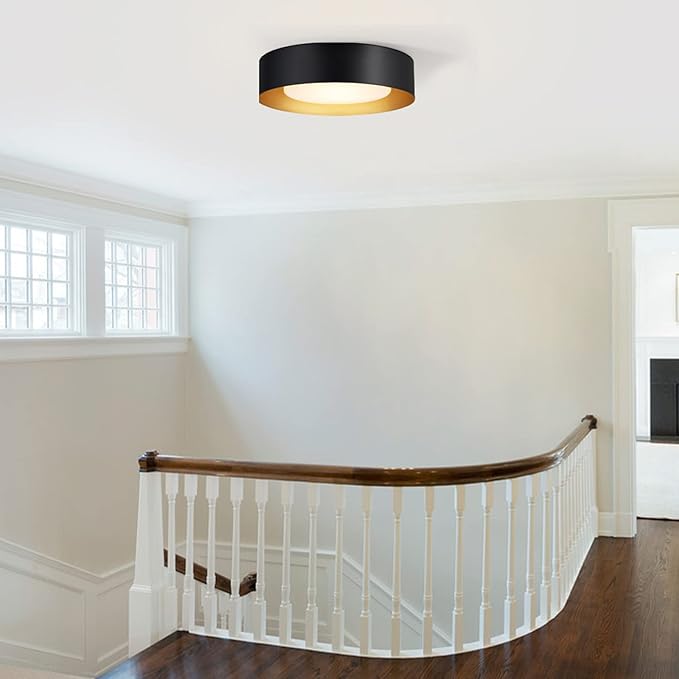 Modern Black and Gold Flush Mount Ceiling Lights, 16.5" Minimalist Glass Round Ceiling Lighting, Drum Close to Ceiling Light Fixtures for Living Room, Bedroom, Dining Room, Kitchen, Hallways