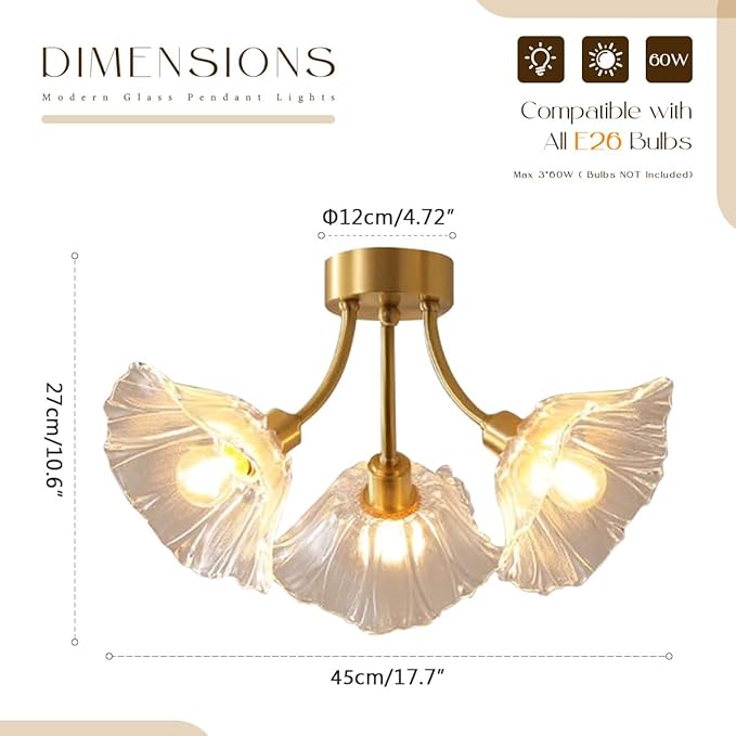 Glass Flush Mount Ceiling Lights Fixture 3-Light Gold Brass Close to Ceiling Light Clear Glass Flower Shape Mid Century Chandelier Lighting for Bedroom Living Room Dining Room