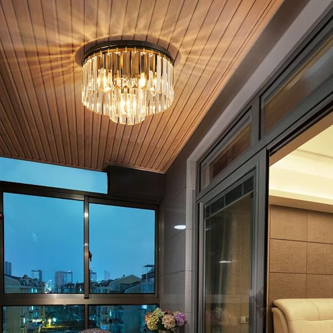 AGV LIGHTING Crystal Ceiling Light Fixture, Modern Semi Flush Ceiling Light, D12 x H8, E12 Base 3-Lights, Black Finish