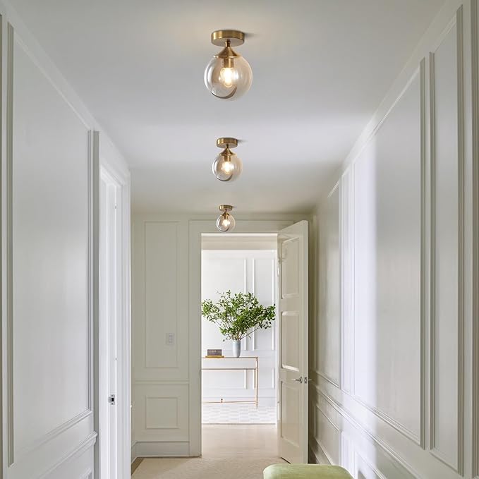 KCO Lighting Mid Century Modern Semi Flush Mount Ceiling Light Fixture Small Smoked Glass Globe Flush Mount Ceiling Light Brushed Gold Ceiling Lighting Fixture for Hallway Entryway Bedroom