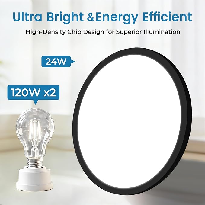 6Pack 12 Inch Slim Dimmable LED Flush Mount Ceiling Light Fixture, 24W=2640LM & 5CCT Selectable (2700K-6500K), Low Profile House Upgrade Led Light for Hallway, Porch & Closets, Black