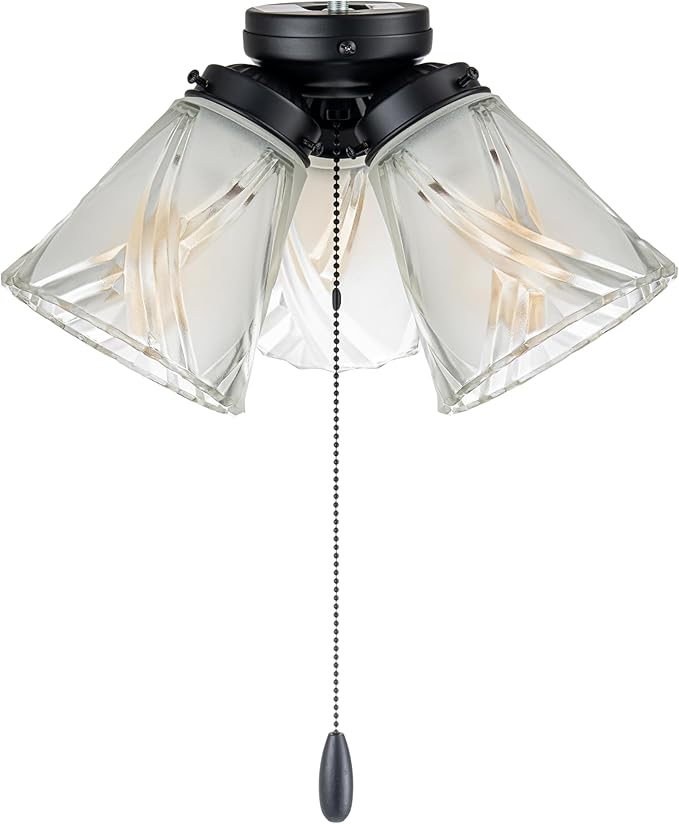 Aspen Creative 22012-3, Three-Light Ceiling Fan Light Kit with Pull Chain, Matte Black Finish with Frosted and Clear Glass Shades, 14" Diameter x 7-3/8" Height