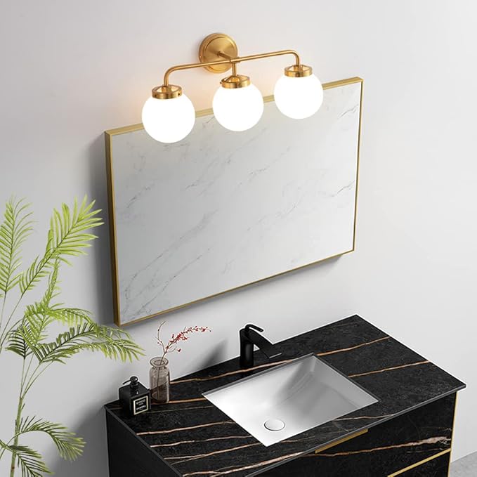 Gold Bathroom Vanity Light Fixtures Over Mirror, Modern Brass 3 Lights Wall Sconce with Milky Glass Ball Shade, Mid Century Farmhouse Vanity Lighting