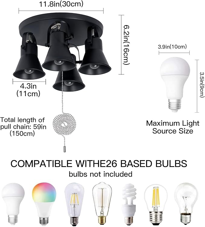 SEEBLEN 4-Light Industrial Track Lighting with Pull Chain On/Off Switch, Adjustable Round Kitchen Ceiling Light, Morden Black Flush Mount Directional Light for Kitchen, Hallway, Dining Room.