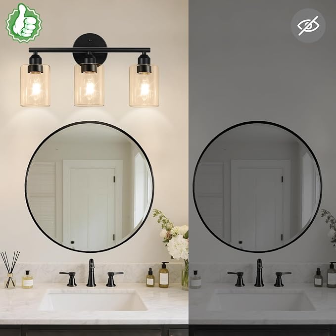 3-Light Bathroom Vanity Light Fixture, Modern Wall Lamp for Mirror with Clear Amber Glass Shade and Black Finish