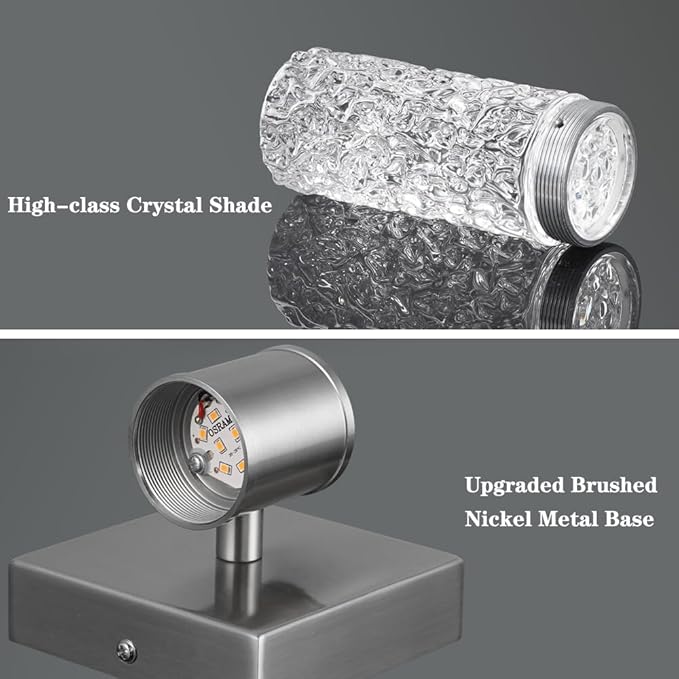 Brushed Nickel Wall Sconces Set of 2, LED Bathroom Vanity Light Fixtures, Hardwired Crystal Sconces Wall Lighting Over Mirror, LED Wall Mount Lights for Bedroom Hallway Indoor, 10W