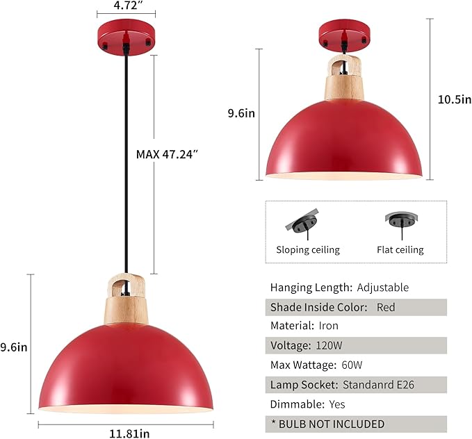 Farmhouse Pendant Light, 3 Packs 11.8inch Red Kitchen Pendant Lights, Modern Pendant Lights, Island Pendant Lights, Pendant Light for Kitchen Island; Bedroom; Office; Living Room