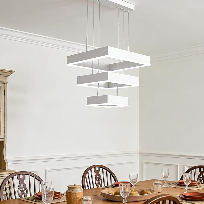 O'NEELDY Modern LED Chandelier White Pendant Light Fixture Adjustable Hanging Kitchen Island Lighting 58W Square 3 Rings Flush Mount Chandeliers for Bedroom,Dining Room,Island Cafe
