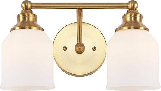 JONATHAN Y 14" Brass Gold/White Modern Farmhouse LED Vanity Light Wall Sconce Fixture, Frosted White Glass Shade, Dimmable Wall Lamp for Bathroom Mirror Kitchen Sink, UL Listed (JYL7550B)