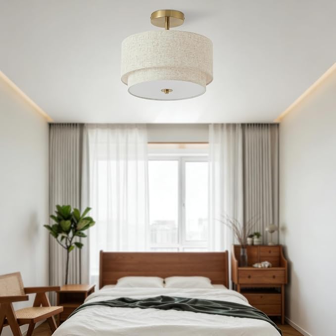 12.6" Flush Mount Ceiling Light Fixture,Gold 3-Light Modern Ceiling Light with Fabric Shade in Double Drum-Shape for Bedroom Hallway Nursery Living Room Kitchen Island(2-Tier Gold)