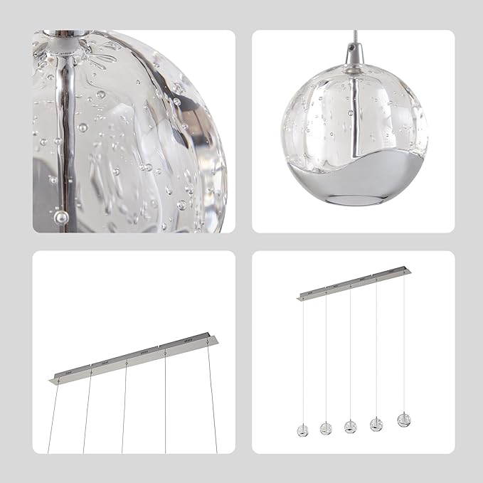 37.8" LED Linear Pendant Light Fixtures, 5-Light Chrome Linear Chandelier Bubble Glass Globes, LED 3000K Warm White, Modern Island Lights for Kitchen Living Room Ceiling Hanging, Hardwired