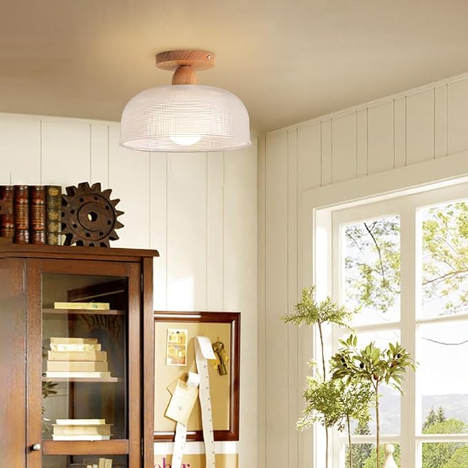 Schoolhouse Light Fixture Wood Ceiling Lamp, Semi Flush Mount Ceiling Light, 12'' Base, Balcony Solid Wood Hanging Light Farmhouse Bedroom Kitchen Hallway Glass Close to Ceiling Lights (B)