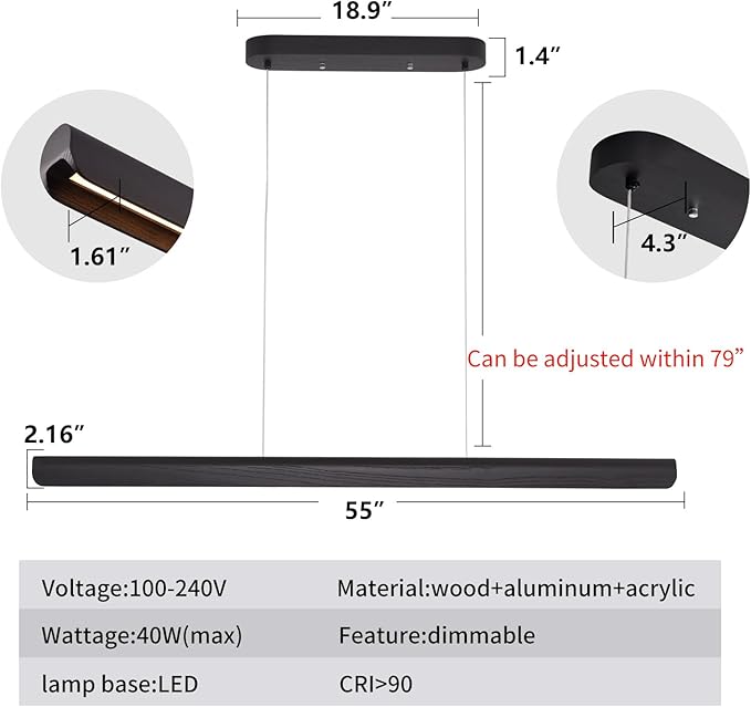 YISDESIGN 55inch Wood LED Linear Pendant Light, Dimmable Wood Ceiling Lamp,Minimalist Linear Chandelier, 40W Warm Light 3000K, Modern Kitchen Island Dining Room Lighting Black Adjustable Height