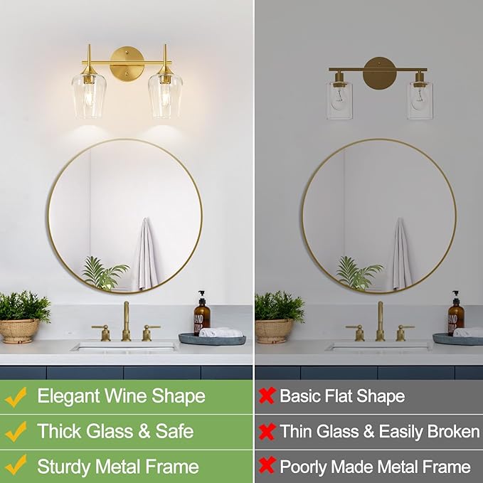 MOKATNG 2-Light Bathroom Light Fixtures, Gold Vanity Lights for Bathroom with Clear Glass, Bathroom Lighting Fixtures Over Mirror, Modern Wall lamp for Cabinet Hallway
