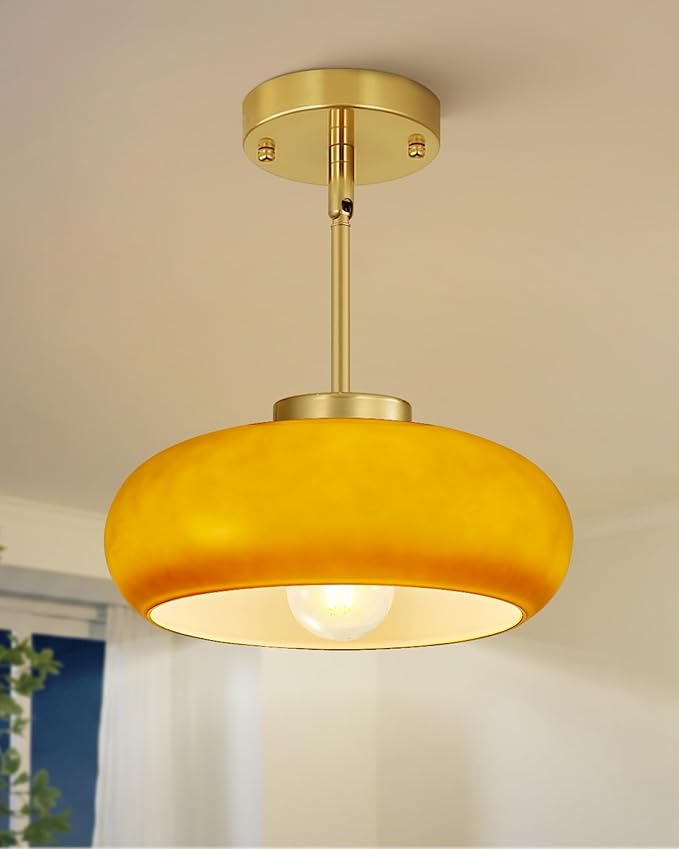 Yunnix Semi Flush Mount Ceiling Light, Gold Light Fixture, Mid-Century Modern Farmhouse Brown Glass Small Light Fixtures for Hallway, Bathroom, Kitchen, Bedroom, Living Room, Closet, Laundry