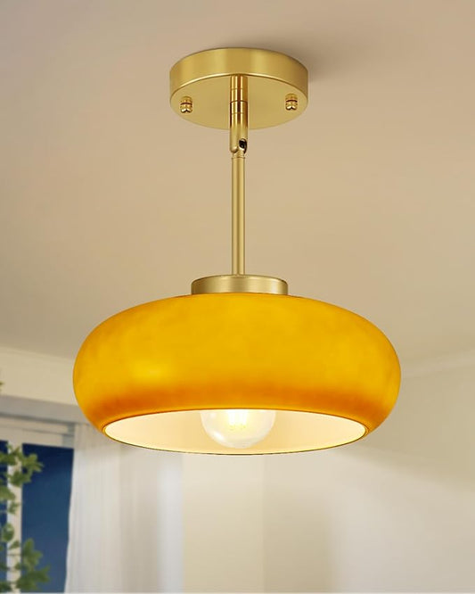 Yunnix Semi Flush Mount Ceiling Light, Gold Light Fixture, Mid-Century Modern Farmhouse Brown Glass Small Light Fixtures for Hallway, Bathroom, Kitchen, Bedroom, Living Room, Closet, Laundry