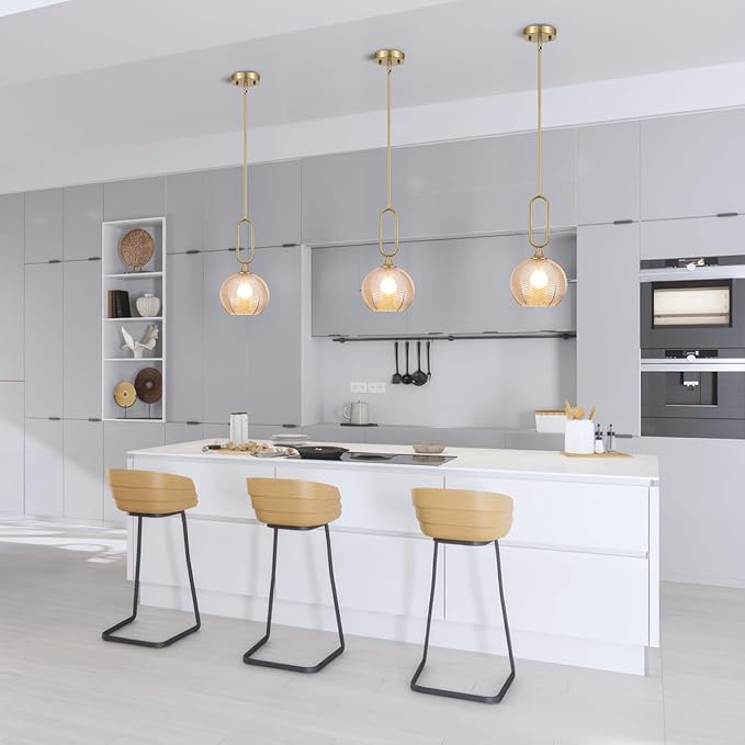 Amber Glass Pendant Light Modern Globe Pendant Lighting Nordic Ribbed Gold Ceiling Hanging Chandelier with Brushed Brass Adjustable Rods Dining Room Kitchen Island Light Fixture