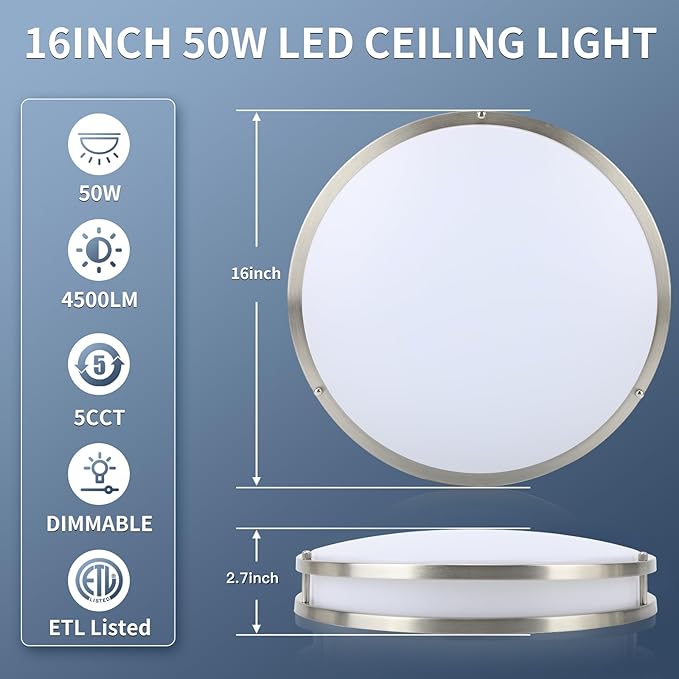 16Inch Flush Mount LED Ceiling Light Fixtures, 5CCT Adjustable 2700K 3000K 4000K 5000K 6500K, Dimmable Close to Ceiling Light for Kitchen, Bathroom, Kitchen, Bedroom, Brushed Nickel, 1 Pack