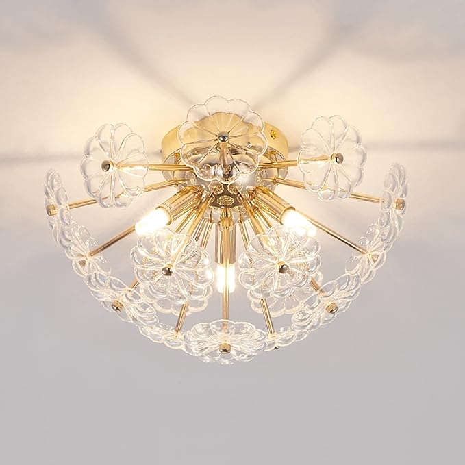 CM MZY Sputnik Flush Mount Ceiling Light, Gold Metal Flower Ceiling Light Fixtures, 3-Light Farmhouse Close to Ceiling Lamp Fixture for Bedroom Closet Kitchen Living Room Hallway(Dia 13.8")